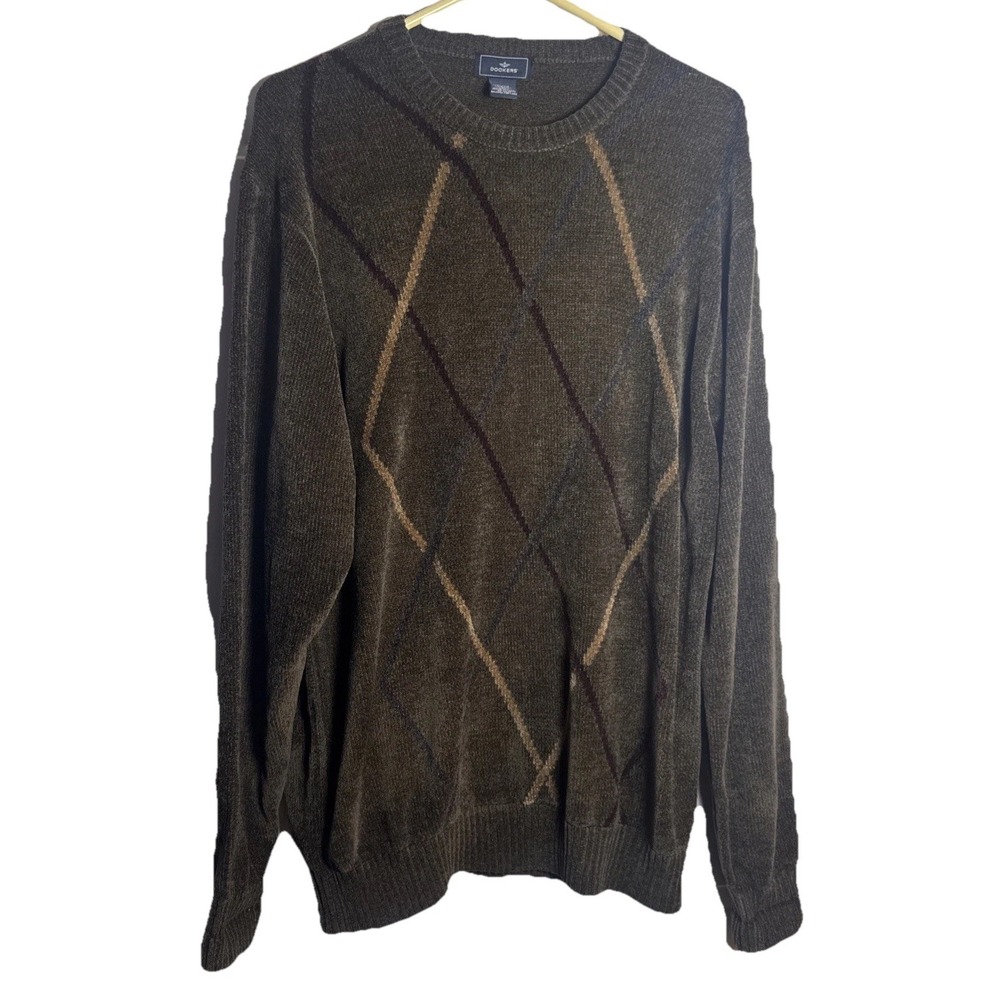 Dockers Men's XL Brown Argyle Crewneck Sweater‎ Knit Pullover Acrylic Rayon